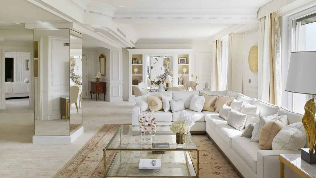 The living room of the Eiffel Tower Suite at Four Seasons Hotel George V, Paris.