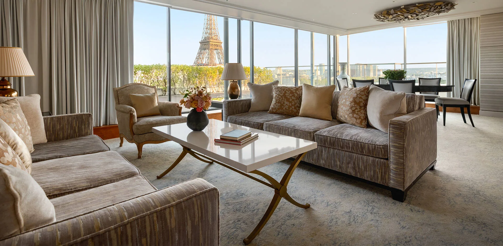 The living room of La Suite Shangri-La, on the top floor with an unobstructed Eiffel Tower view.