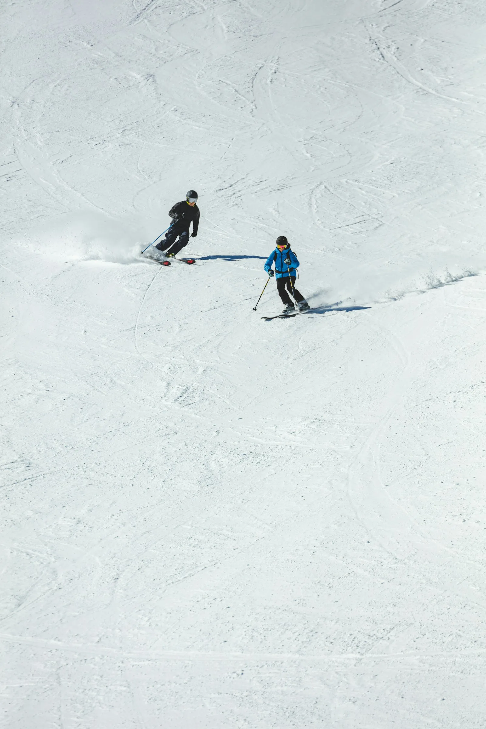 Two skiers carving fresh tracks down an open off-piste slope.