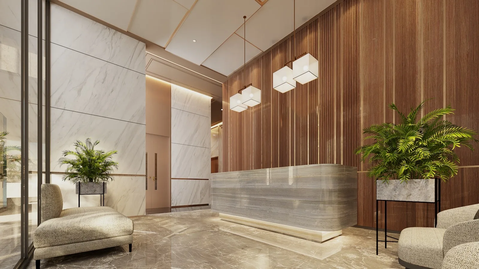 A marble reception desk in a quiet, minimalist lobby.