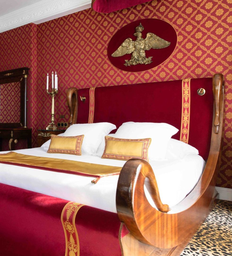 The Imperial Junior Suite (No. 415), with its Empire-style swan’s-neck bed — reportedly Jeanne Augier’s favourite room in the hotel.