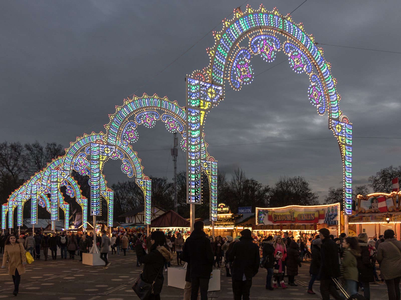 Light arches at Winter Wonderland in Hyde Park, London.
