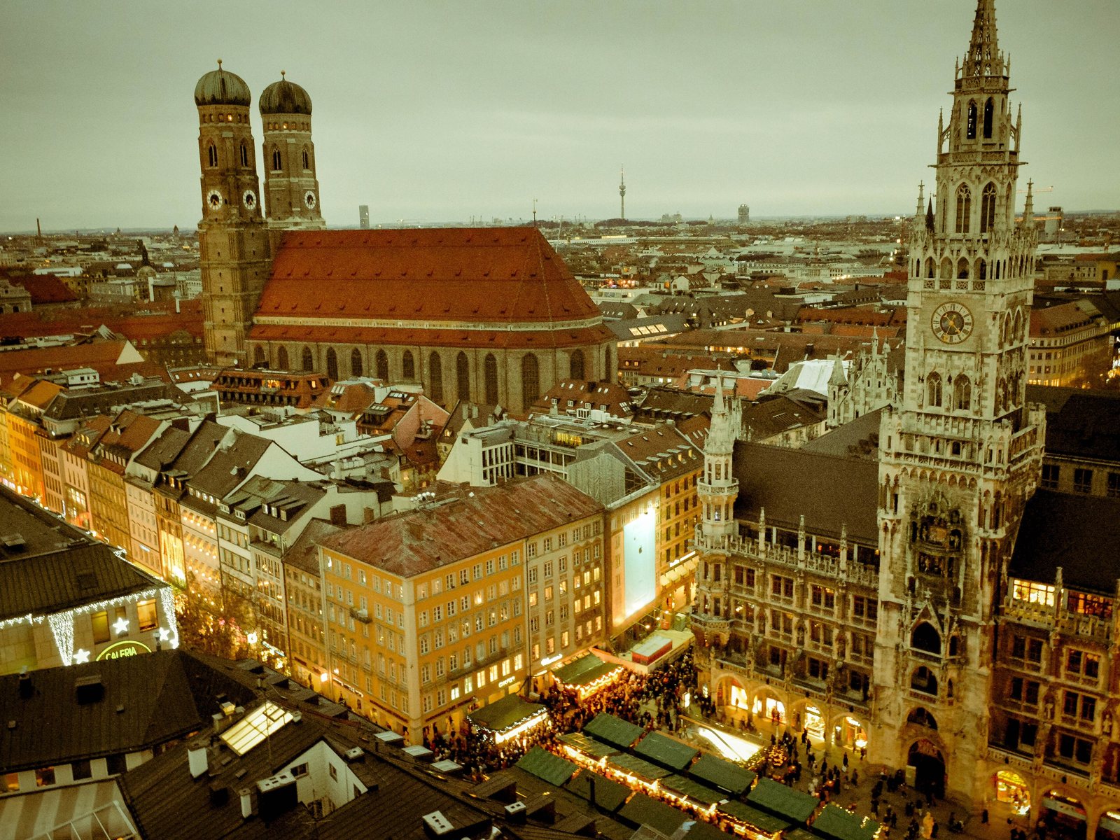 The Christkindlmarkt at Marienplatz in Munich seen from above.
