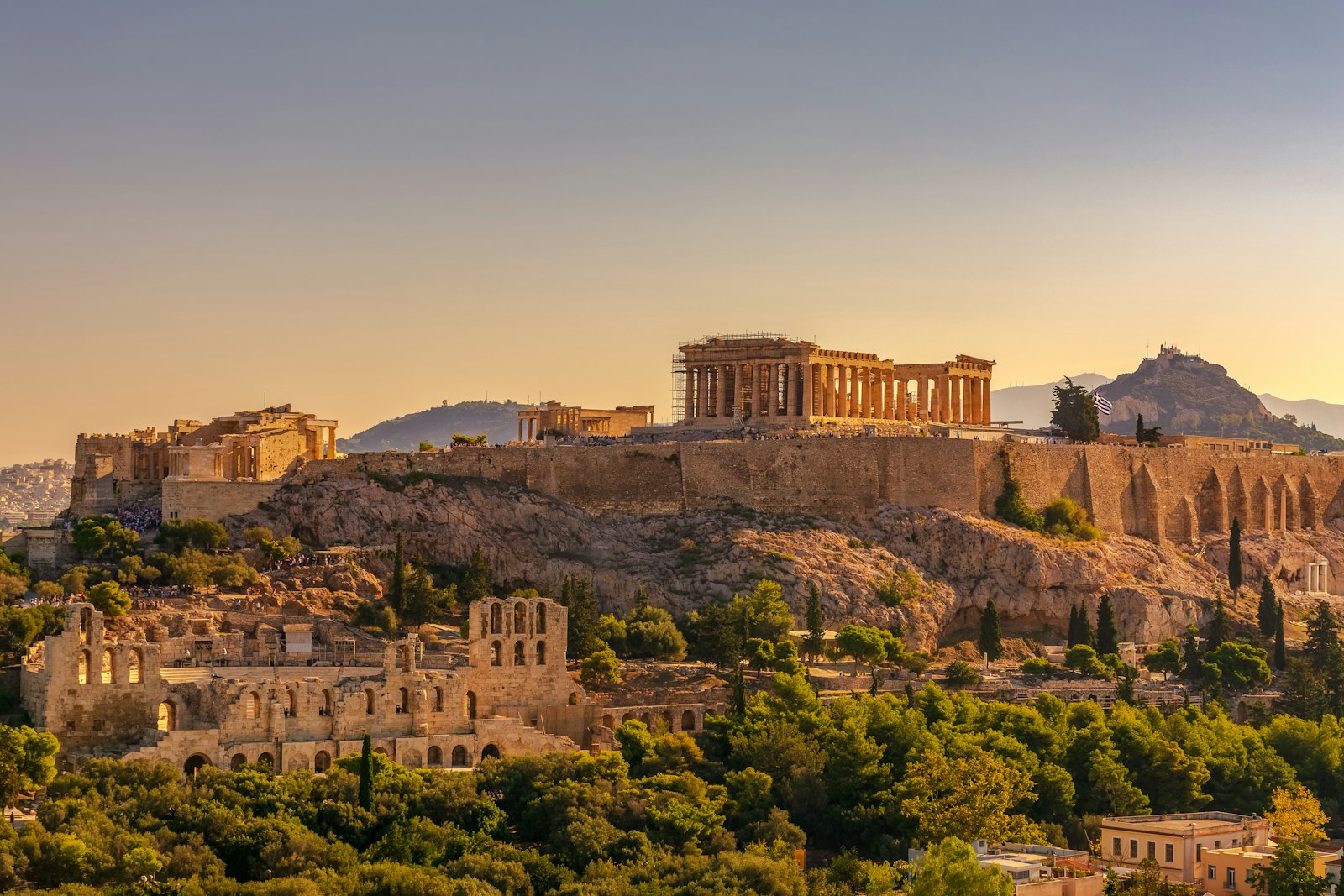 The Acropolis of Athens, Greece, at golden hour.