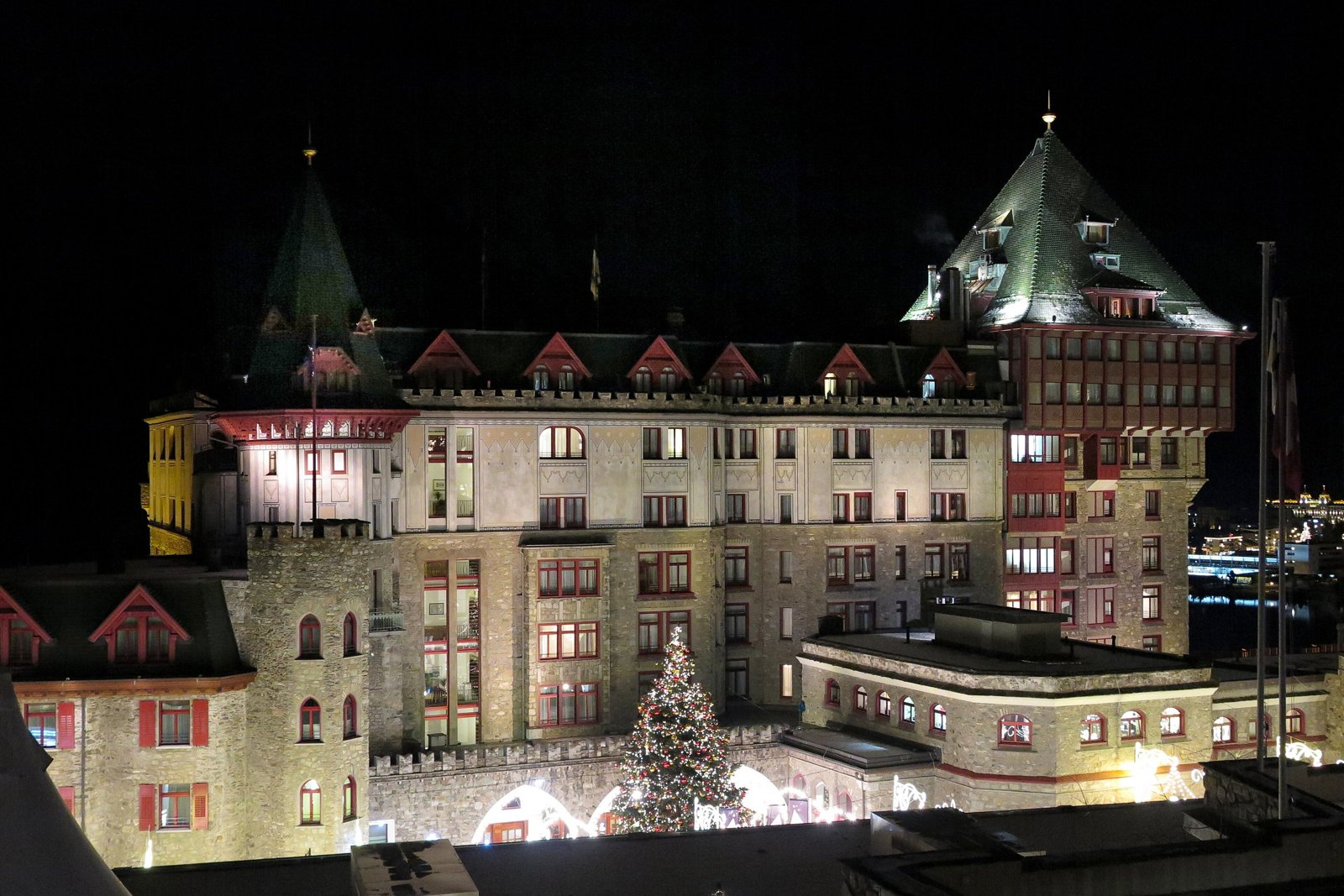 Badrutt’s Palace Hotel in St. Moritz at night.