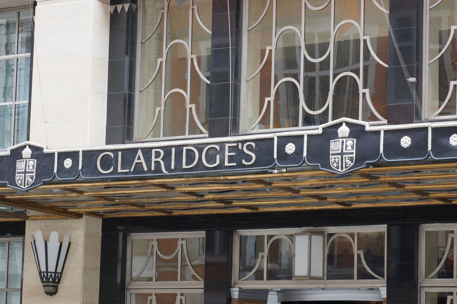 The Art Deco canopy and sign of Claridge’s in London.