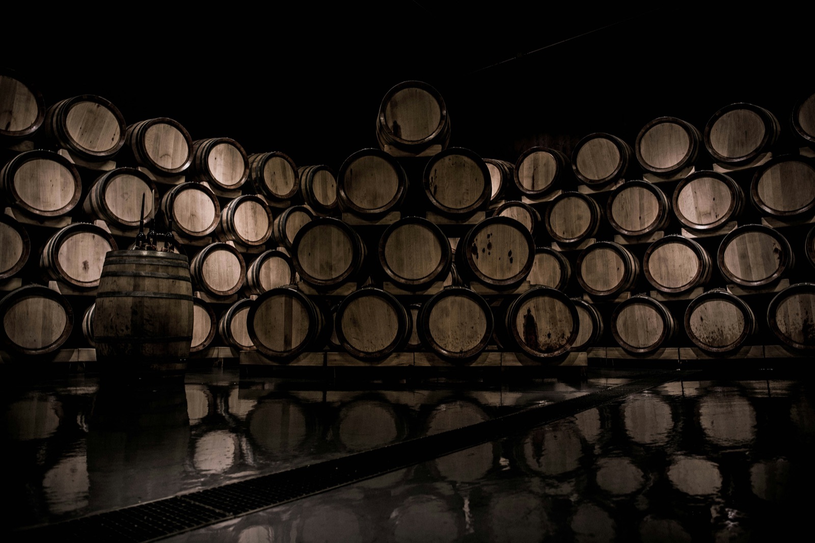 Rows of oak wine barrels stacked in a dimly lit cellar, their reflections visible on the wet floor.