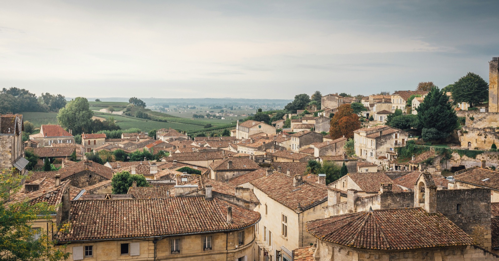 Terracotta rooftops of the hilltop village of Saint-Émilion, with vineyards in the valley beyond.