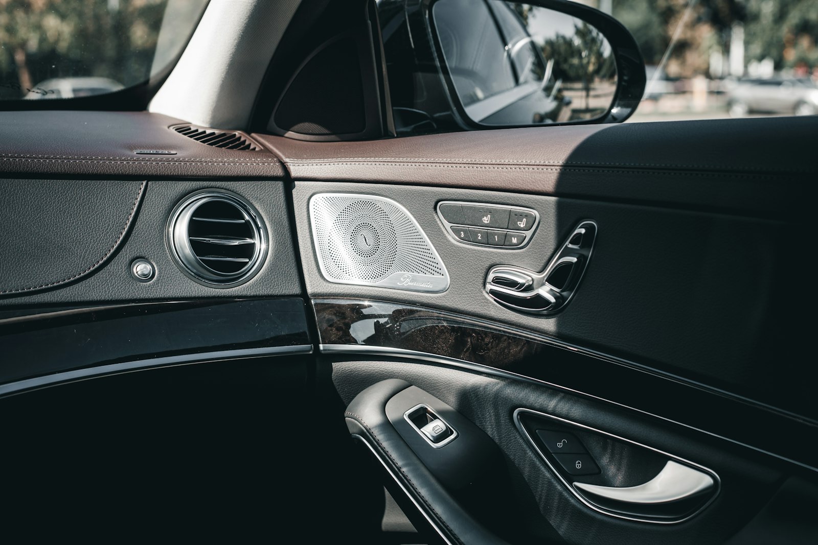 Detail of a luxury sedan door panel, with premium sound system and controls.