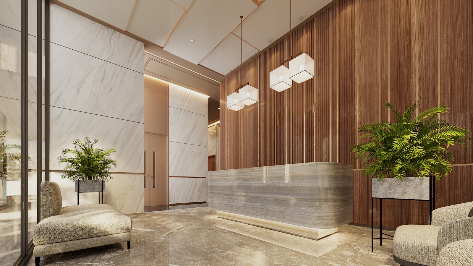 A marble reception desk in a quiet, minimalist lobby.